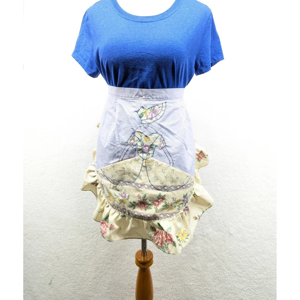 Vintage Floral Apron Lavender Pocket Accent Ruffle Trim Cottagecore‎ Kitchen 52